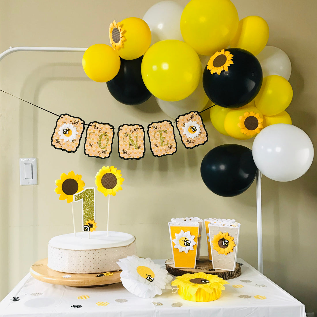 Bumble bee & Sunflower Party Decorations. Bee Banner, Bee Cake Topper, Bumble bee popcorn box, Bee party confetti.