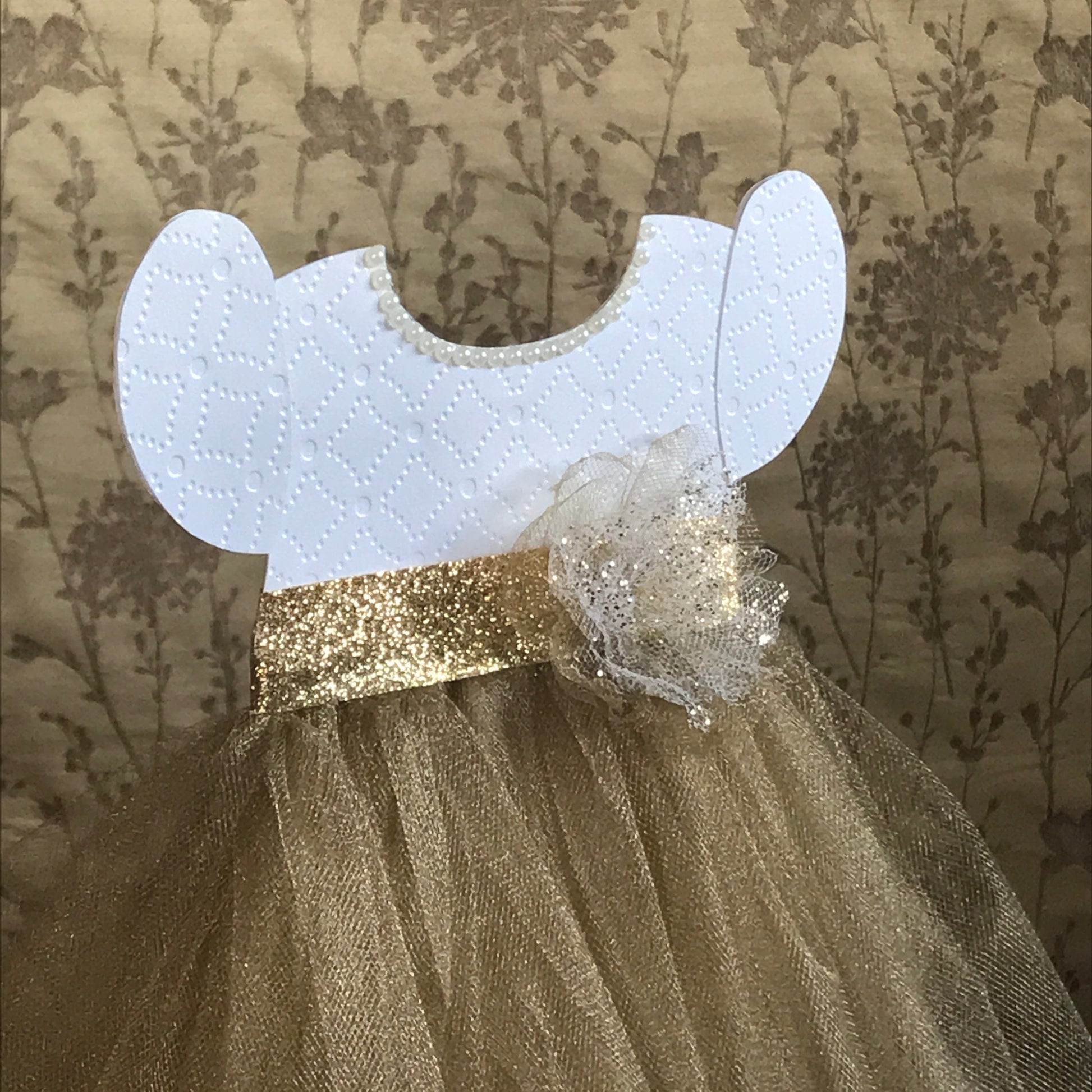 Adriana Ortiz Designs Tutu Dress Centerpiece Gold tutu dress centerpiece for baby shower, birthday party or baptism.