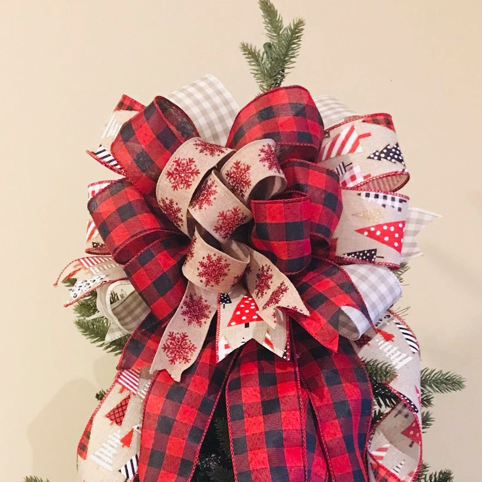 Adriana Ortiz Designs Holiday ornament Rustic Christmas tree bow. Red and black buffalo check tree topper. Farmhouse Rustic Fireplace Mantel Decor. Red Wreath bow decor.