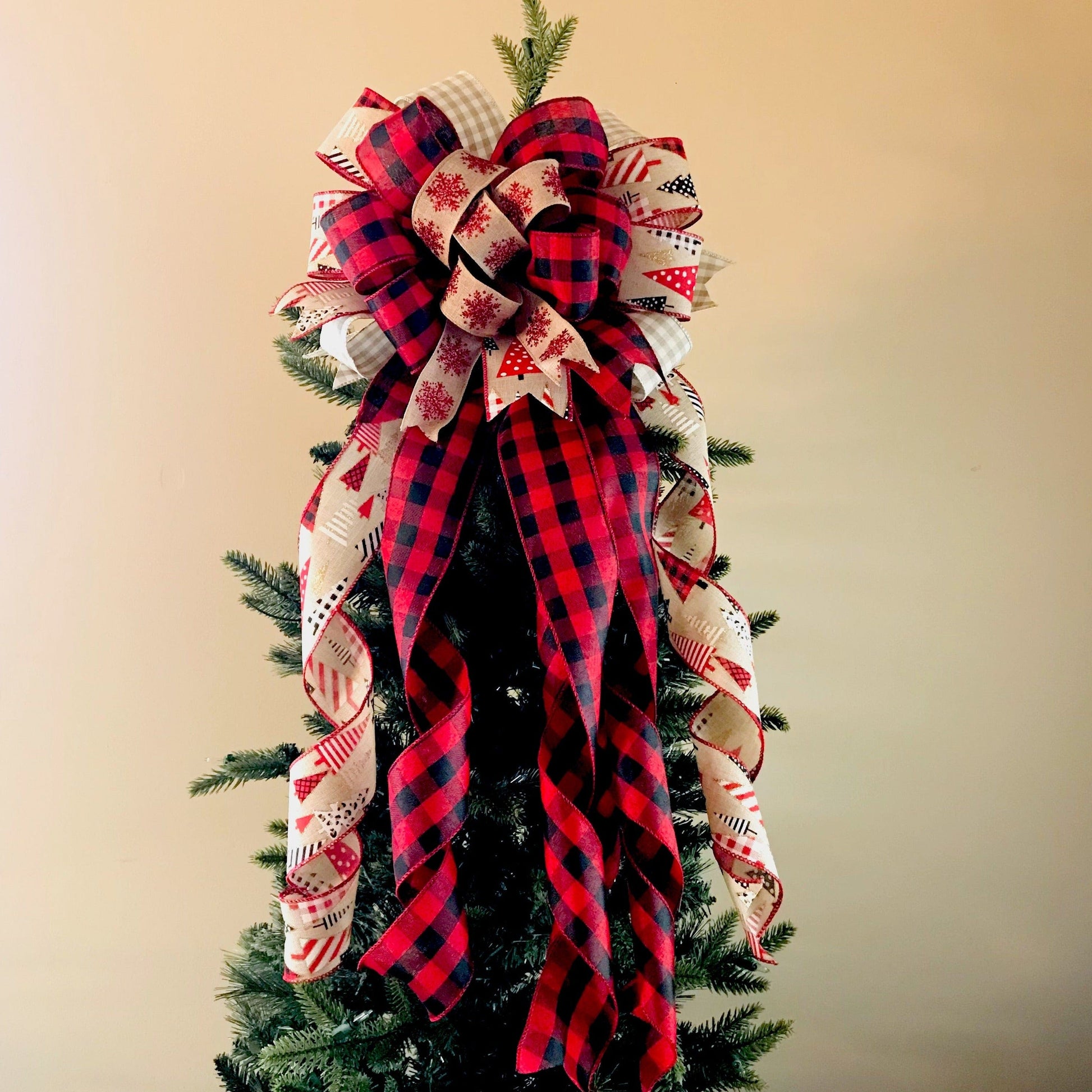 Adriana Ortiz Designs Holiday ornament Rustic Christmas tree bow. Red and black buffalo check tree topper. Farmhouse Rustic Fireplace Mantel Decor. Red Wreath bow decor.