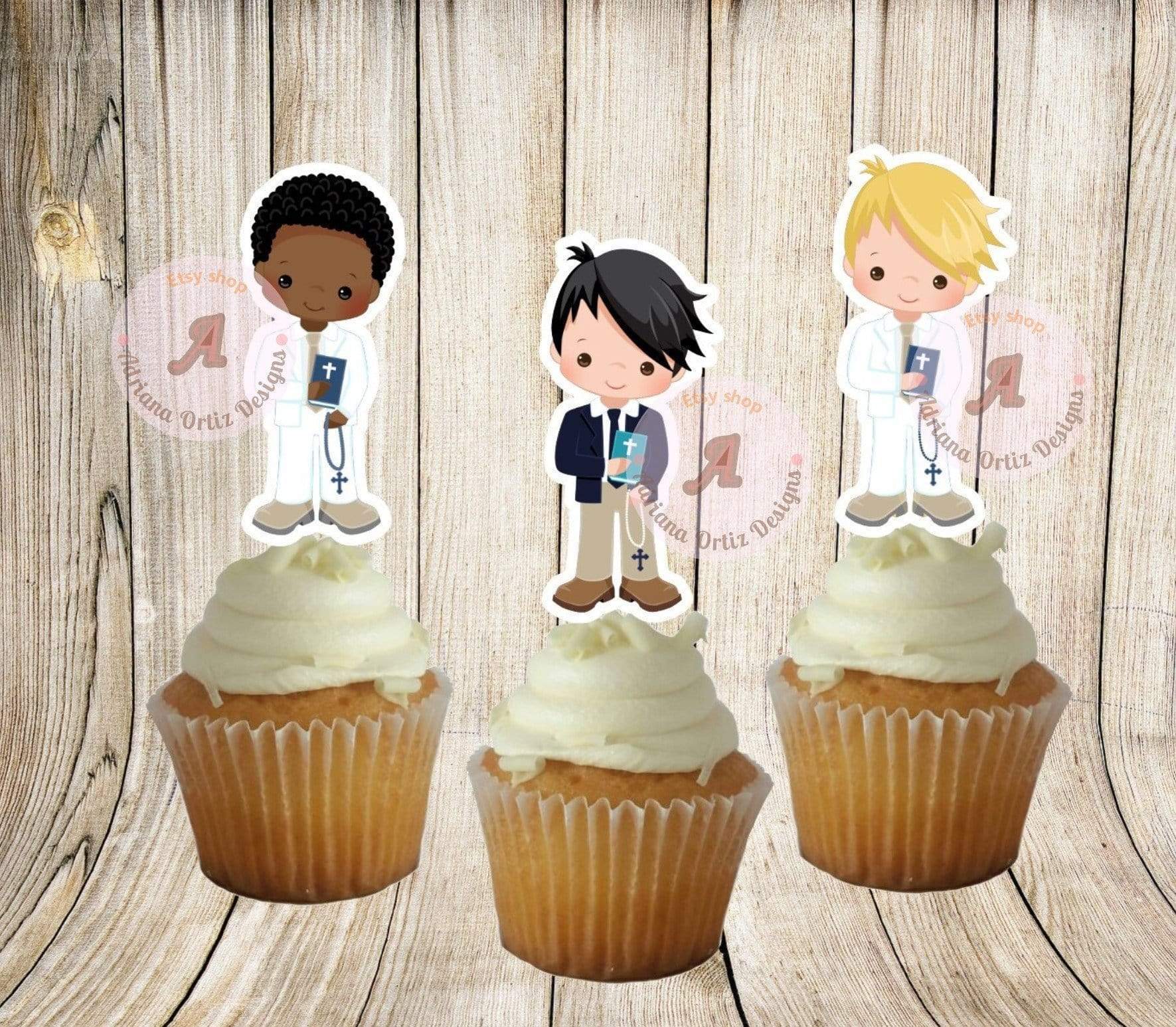 Adriana Ortiz Designs Cupcake toppers Boy First Communion Cupcake Toppers