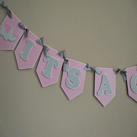 Adriana Ortiz Designs Banner Gray Pink Elephant Baby Shower, "IT'S A GIRL" Banner.